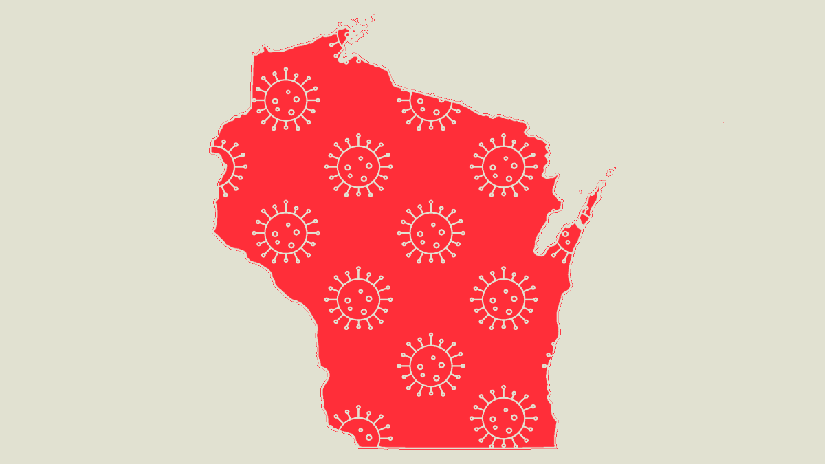 A picture of the state of Wisconsin, red with tiny white illustrations of the COVID-19 virus
