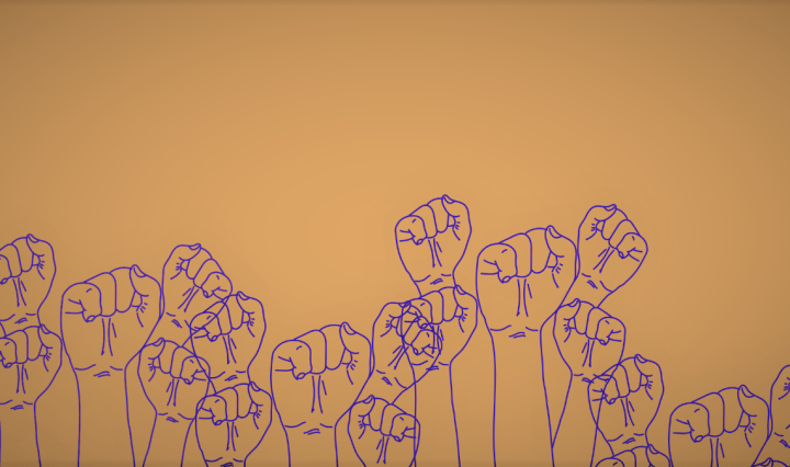 Purple illustrated fists raised against an orange background