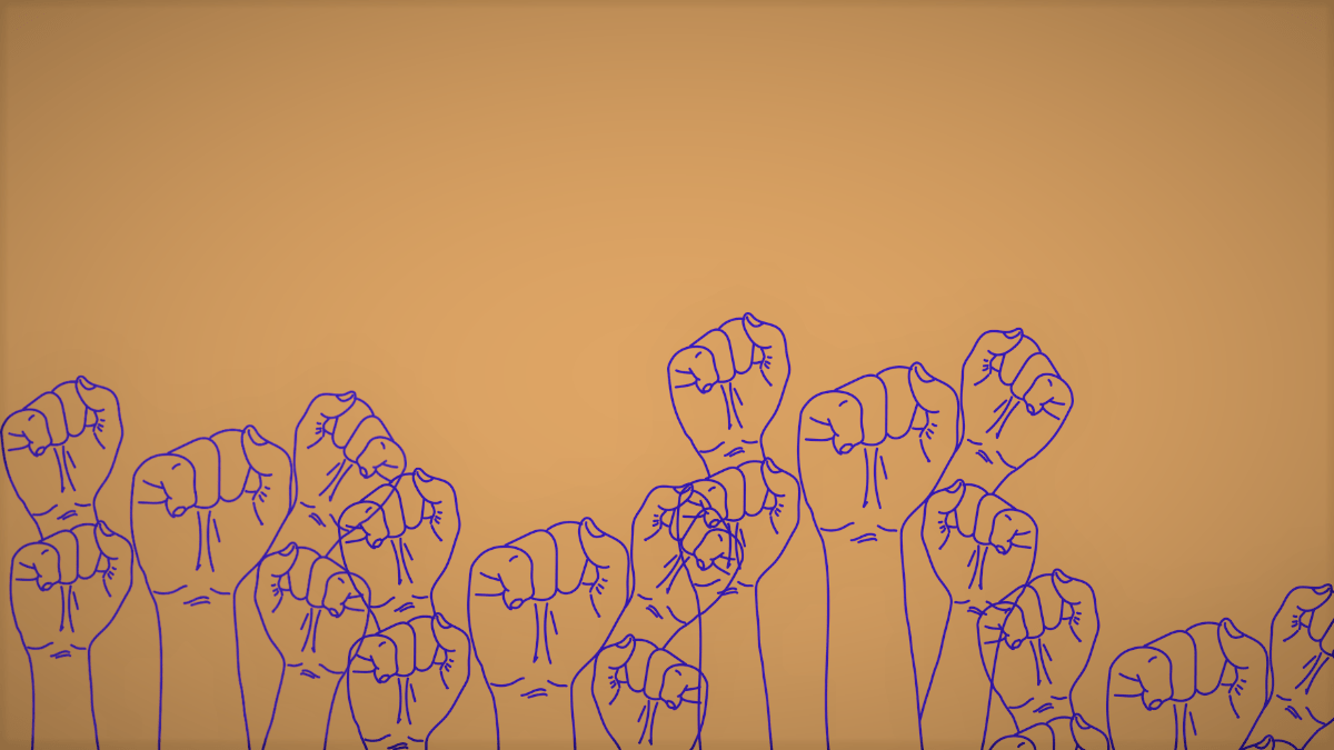 Purple illustrated fists raised against an orange background